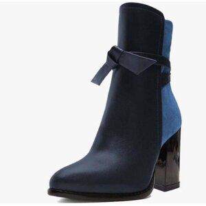 XYD Navy Women's Chunky Metal Decor Heels Ankle Bowtie Strappy Pointed Toe Boots